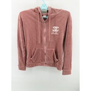 Chanel Drip Logo Velour Zip Up Hoodie Dusty Rose Pink S/M Y2K Streetwear